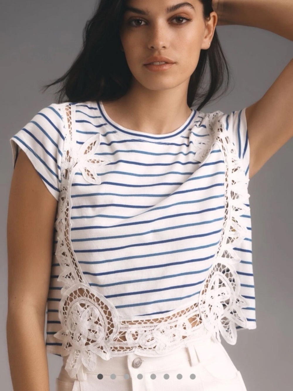 Anthropologie crop size xs Striped White and Blue Lace-Trim Crop Top